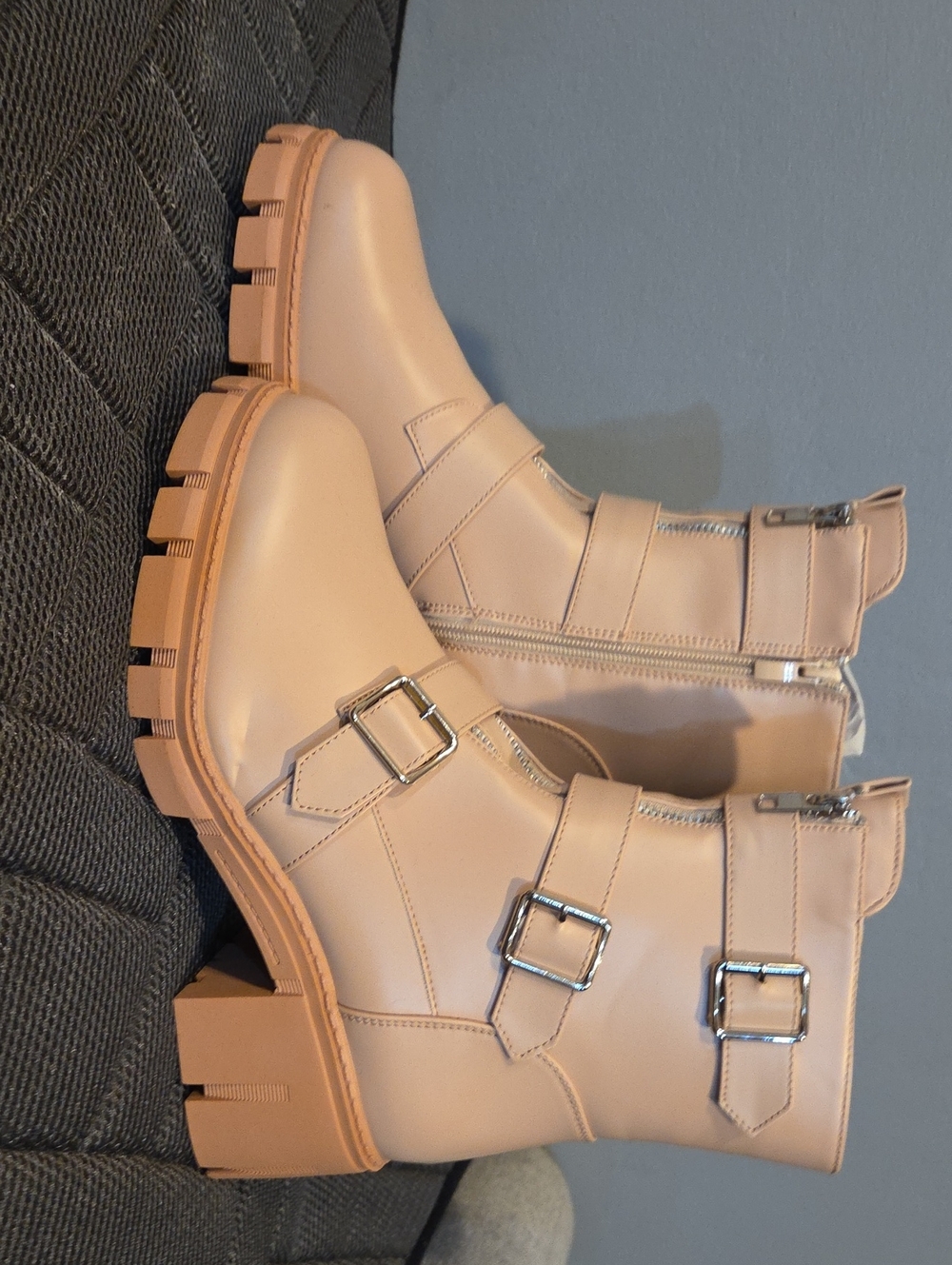 Women's Blush Pink Combat Moto Boots with Buckle Straps